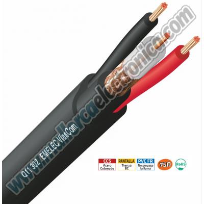  Cable Coaxial + Alimentación 0,55mm²  0,58 mm CCS + 3,70 mm PE  Pantalla Trenza CCA 85%  2 x (0,55 mm² Cu + 2,00 mm PVC)  Ø Exterior