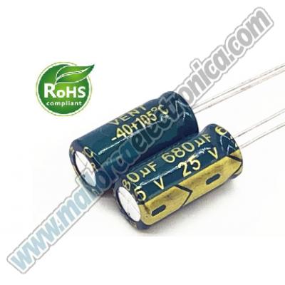 CONDENSADOR  ELECTROLITICO  RADIAL  680uf   25v   105º 