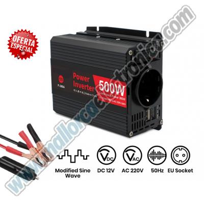 Inversor de Voltaje de Onda Senoidal, Voltímetro DC-12 AC-220/240V 500W + 2 PUERTOS USB 